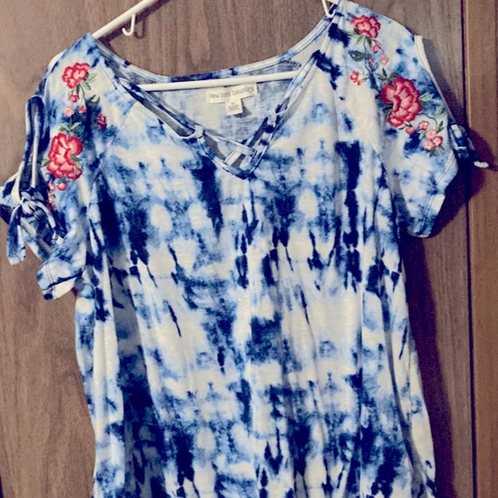 Blue tie-dye with embroidery stitches top